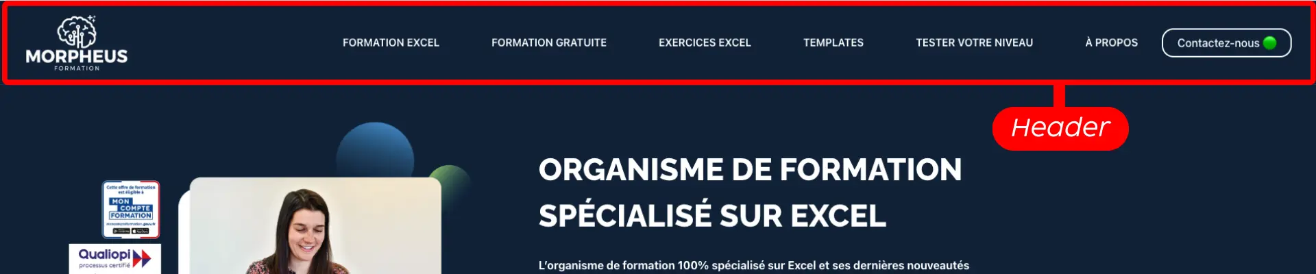 Exemple d'un header d'un site WordPress - Morpheus Formation