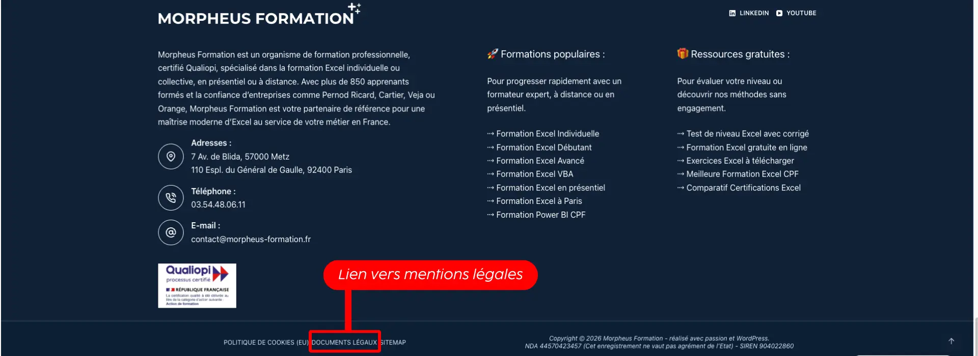 Mention légales d'un site internet dans le footer - Morpheus Formation