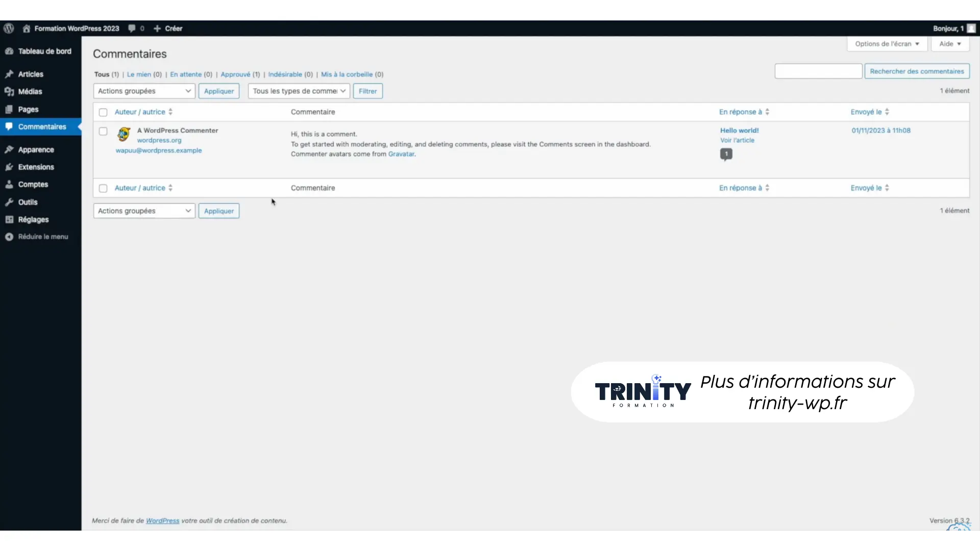 Onglet gestion des commentaires sur WordPress