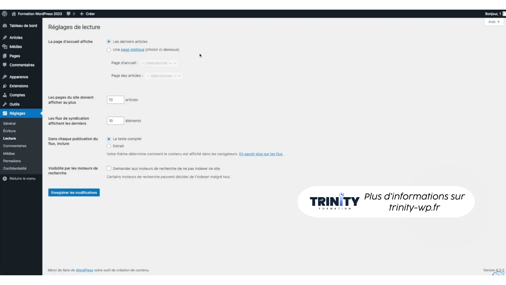 Réglages WordPress mise en plage de la page d'accueil