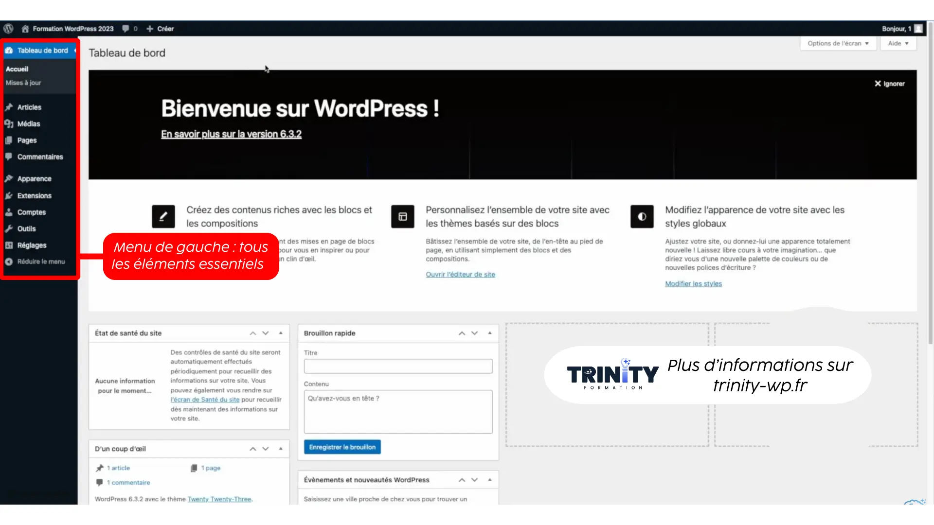 Tableau de Bord WordPress le menu de gauche