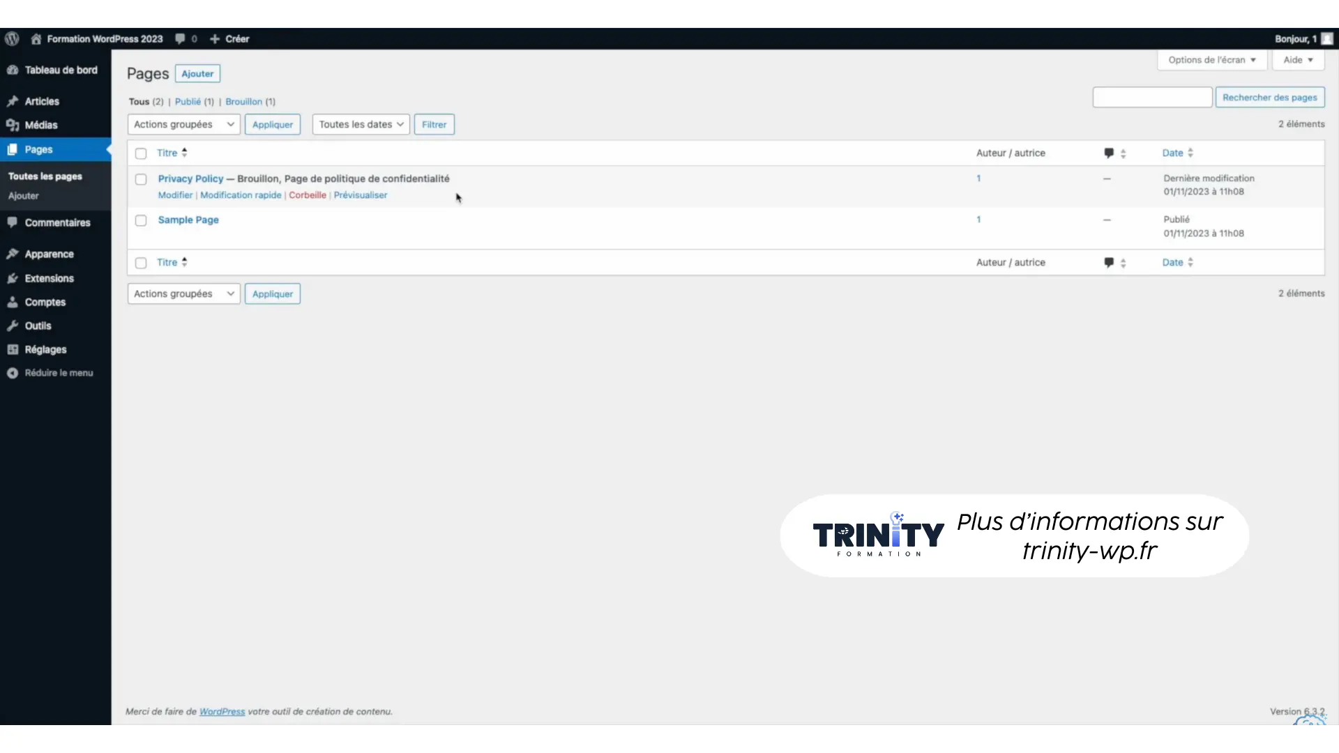 Tableau de bord WordPress onglet gestion des pages