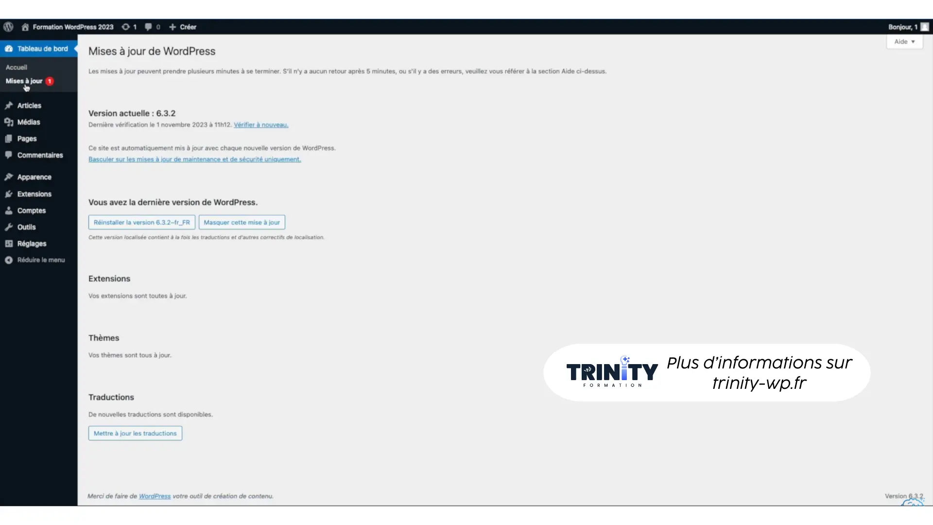 Tableau de bord WordPress onglet mises à jour