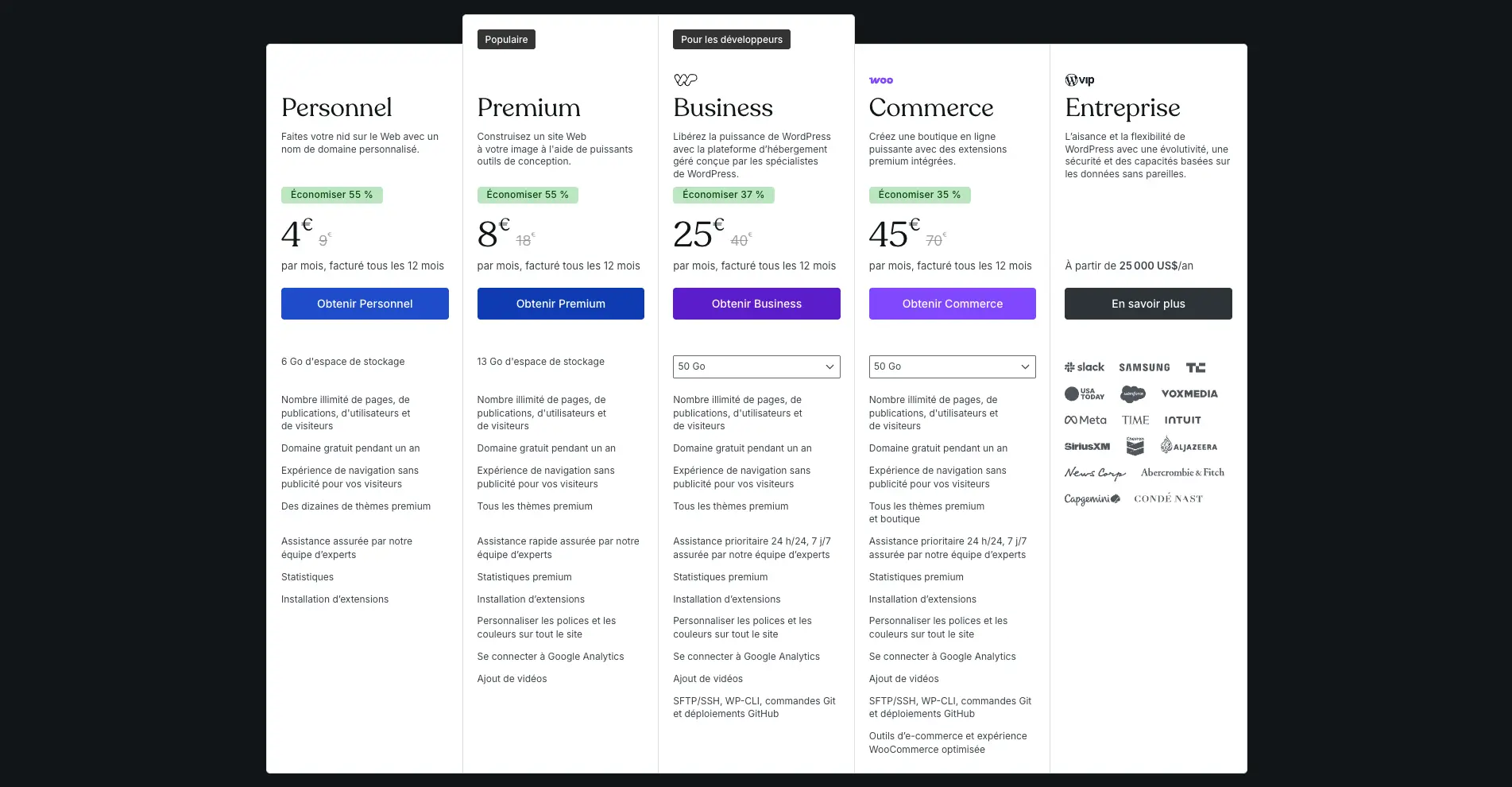 Tarifs d'abonnement pour wordpress.com